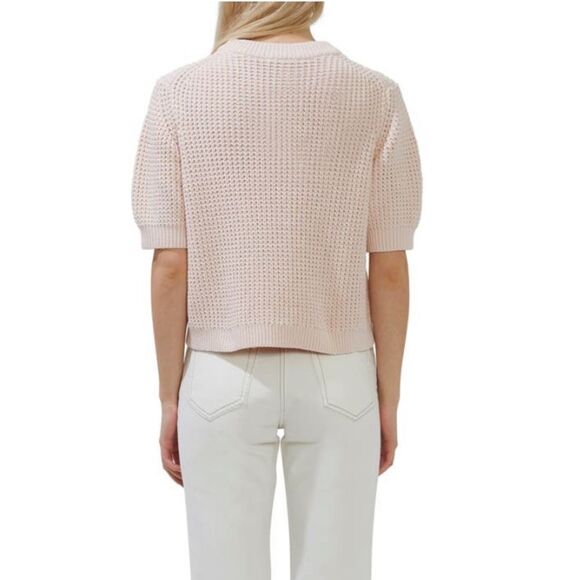 FRENCH CONNECTION Luna Short Sleeve Waffle Knit Sweater Pink, Large (10/12) NWT - Picture 2 of 13